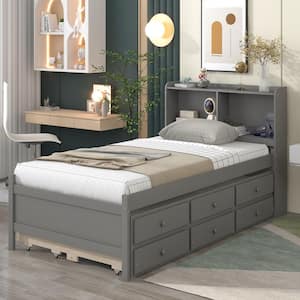 Gray Twin Kids Platform Bed with Twin Trundle and 3-Drawers Wood Kids Bed with Trundle Wood Frame Platform Bed
