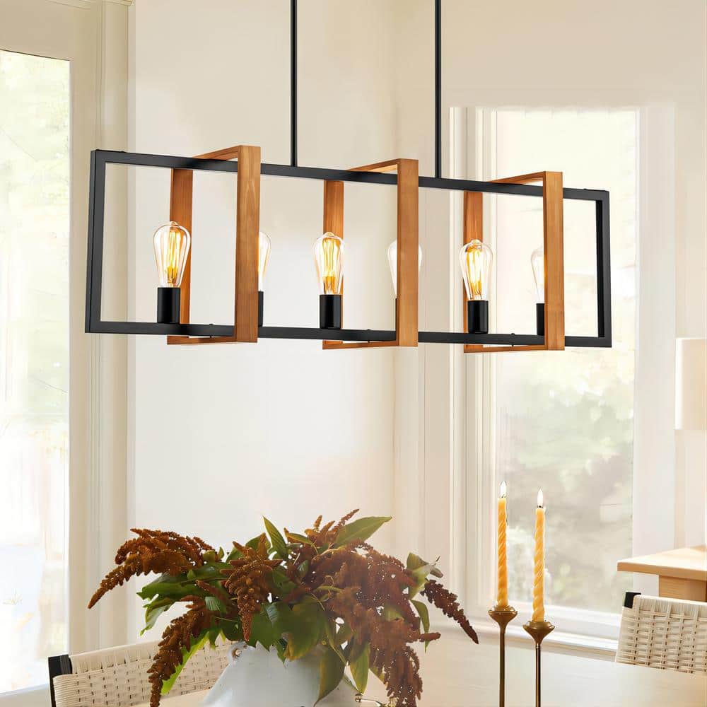 Croyle 6-Light Rustic Wood Industrial Linear Geometric Kitchen Island Pendant Lantern Cage Farmhouse Chandelier price history on PriceWatchPro