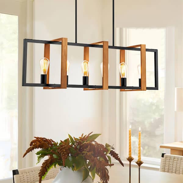 RRTYO Croyle 6-Light Rustic Wood Industrial Linear Geometric Kitchen Island Pendant Lantern Cage Farmhouse Chandelier