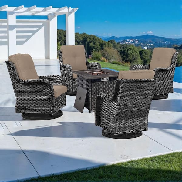 5 Piece Brown Wicker Patio Rocking Chairs for 4 with 30 Inch Gas Propane Fire Pit Table Outdoor Rocking Chair Sets Gray
