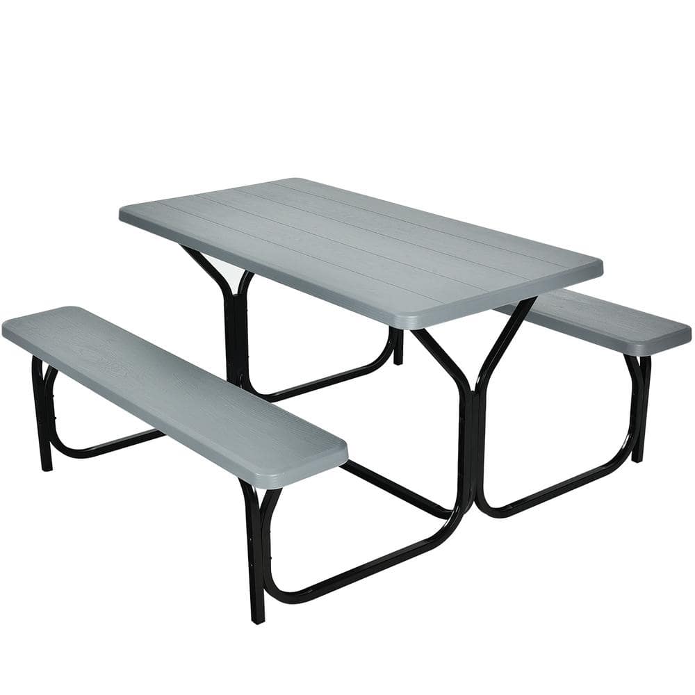Costway Gray Rectangle Metal Picnic Table Bench Set with Extension -  OP3499GR