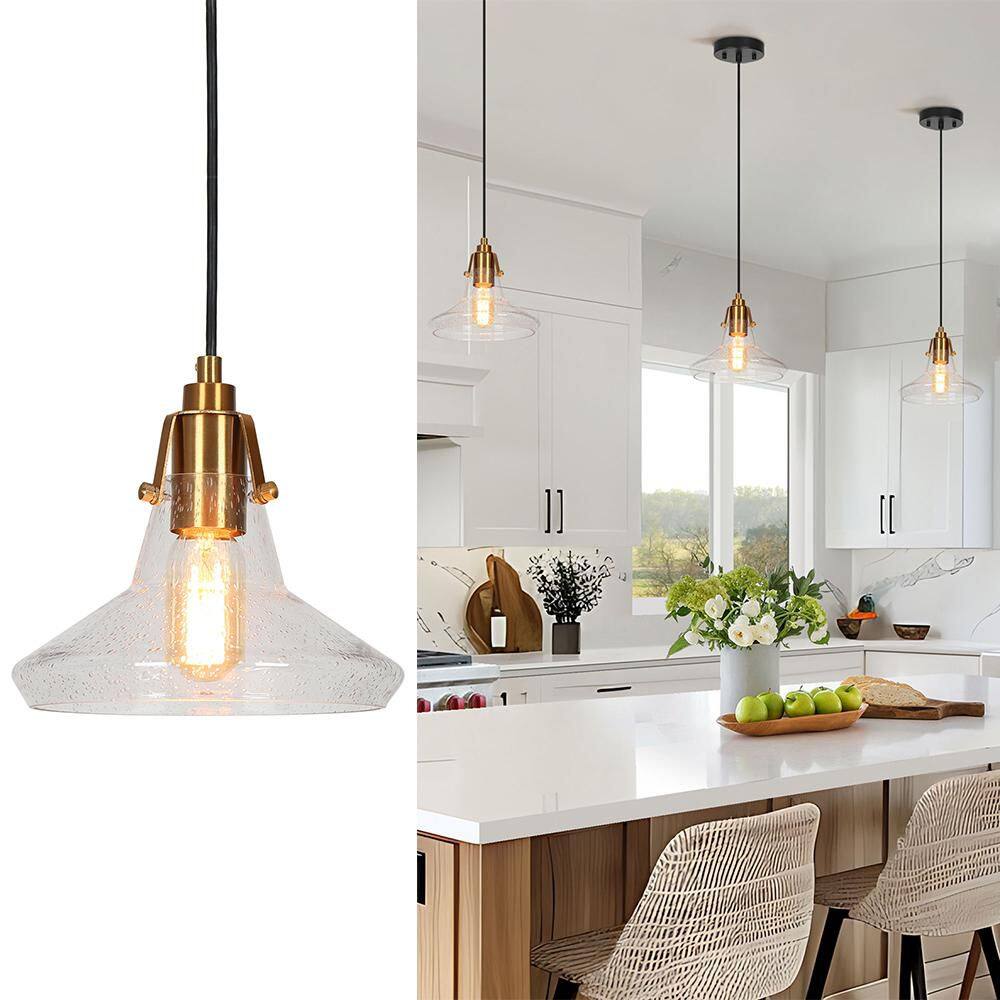 Modern 1-Light Plating Brass Pendant Light with Seeded Glass, Black Kitchen Island Hanging Light, Mini-Pendant Light price history on PriceWatchPro