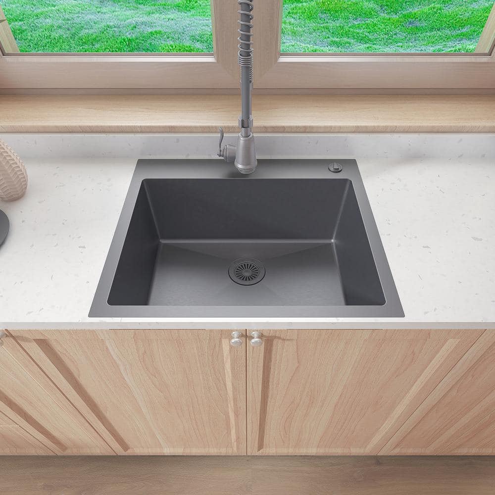 Sinber 25" Black Stainless Steel Single Bowl Kitchen Sink with Drainboard