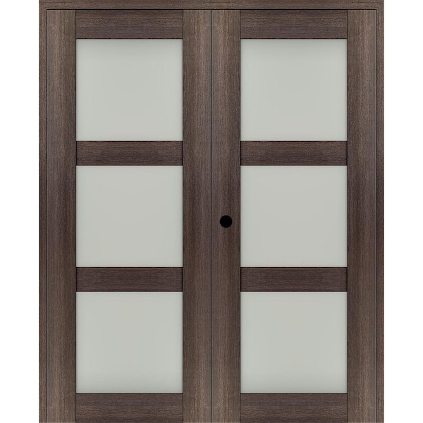 Avon 3 Lite N 48 in. x 80 in. Right Active 3-Lite Frosted Glass Veralinga Oak Wood Composite Double Prehung French Door