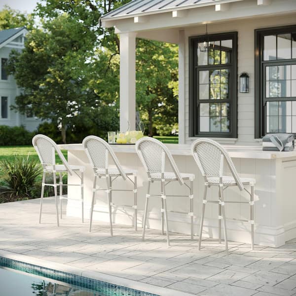 Lily Pond Stackable Aluminum Outdoor Bar Stools with Gray Woodgrain Frames, White/Gray Woven Rattan Backs/Seats, 2-Pack