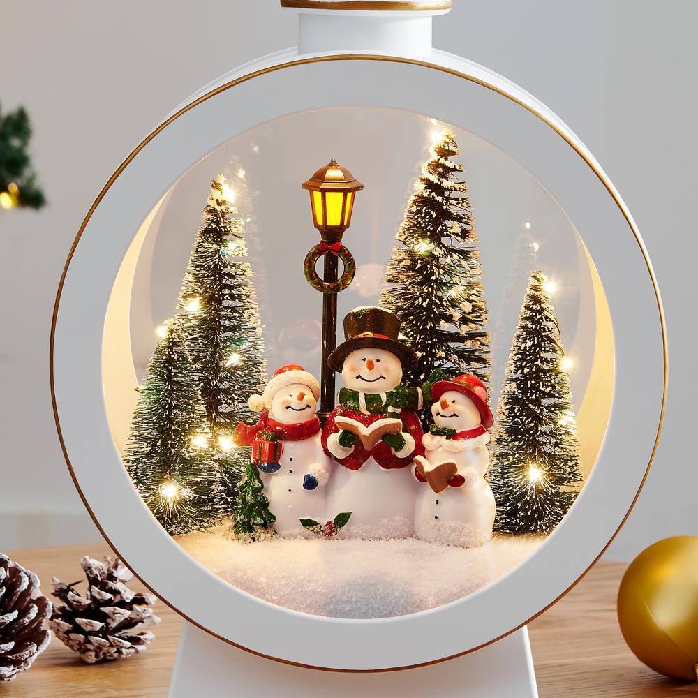 White Oval Lighted Winter Snowman Scene Diorama Lantern