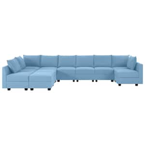 Modern 9 Seater Upholstered Sectional Sofa with Double Ottoman - Robin Egg Blue Linen