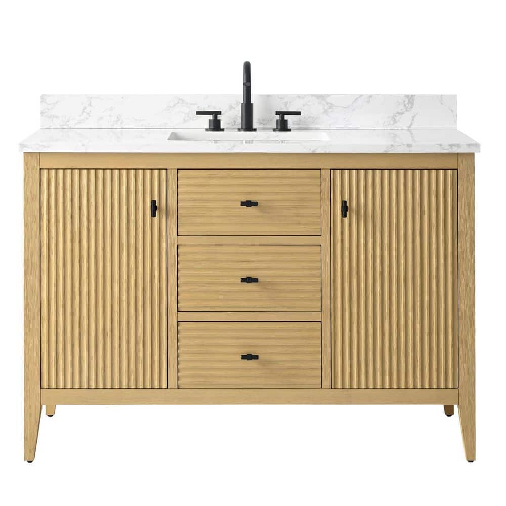 48'' Natural Oak Single Bathroom Vanity with Matte Black Handles