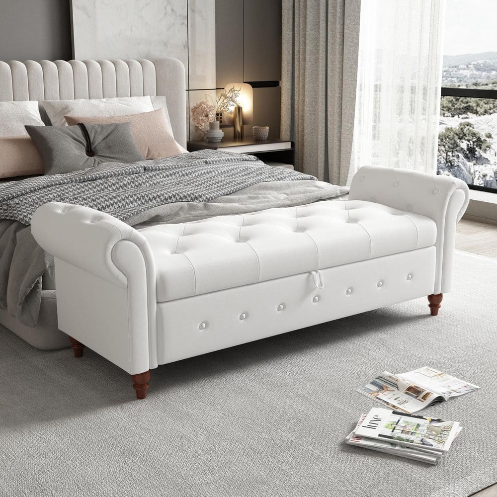 Cream White 63 in. Fabric Button Tufted Upholstered Rectangle Bedroom Bench Storage Ottoman with Arms and Solid Wood Leg