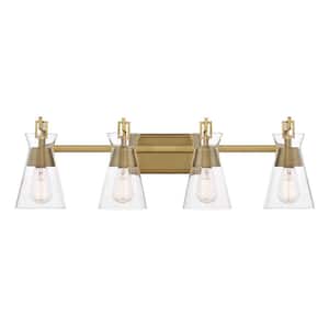 Lakewood 32 in. W x 9.5 in. H 4-Light Warm Brass Bathroom Vanity Light with Clear Glass Shades
