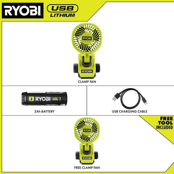 USB Lithium Clamp Fan Kit with 2.0 Ah USB Lithium Battery and Charging Cable with Extra USB Lithium Cordless Clamp Fan