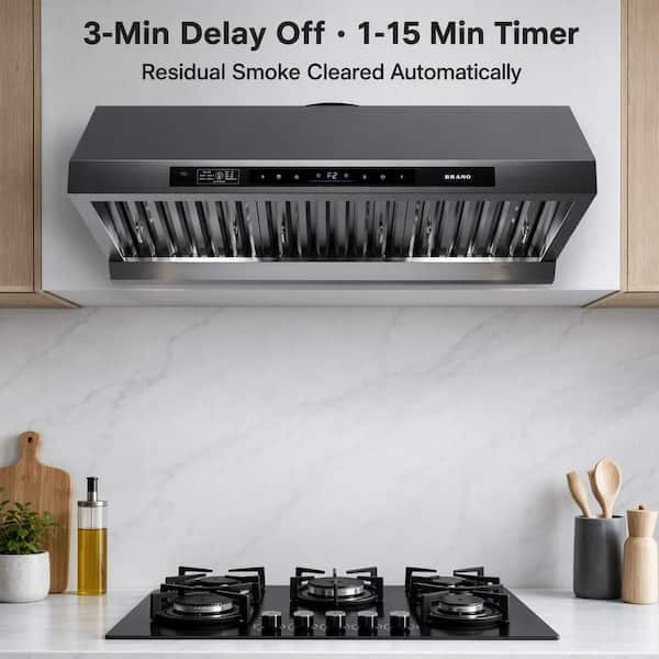 36 in. 1200 CFM Under Cabinet Range Hood Wall Mount PVD Stainless Steel Ducted Kitchen Hood Voice Control, Black