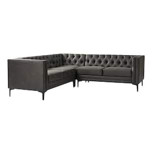 Oskar 90 in. Wide in Square Arm Faux Leather Tufted Upholstered Rectangle Corner Sectional Sofa in Charcoal