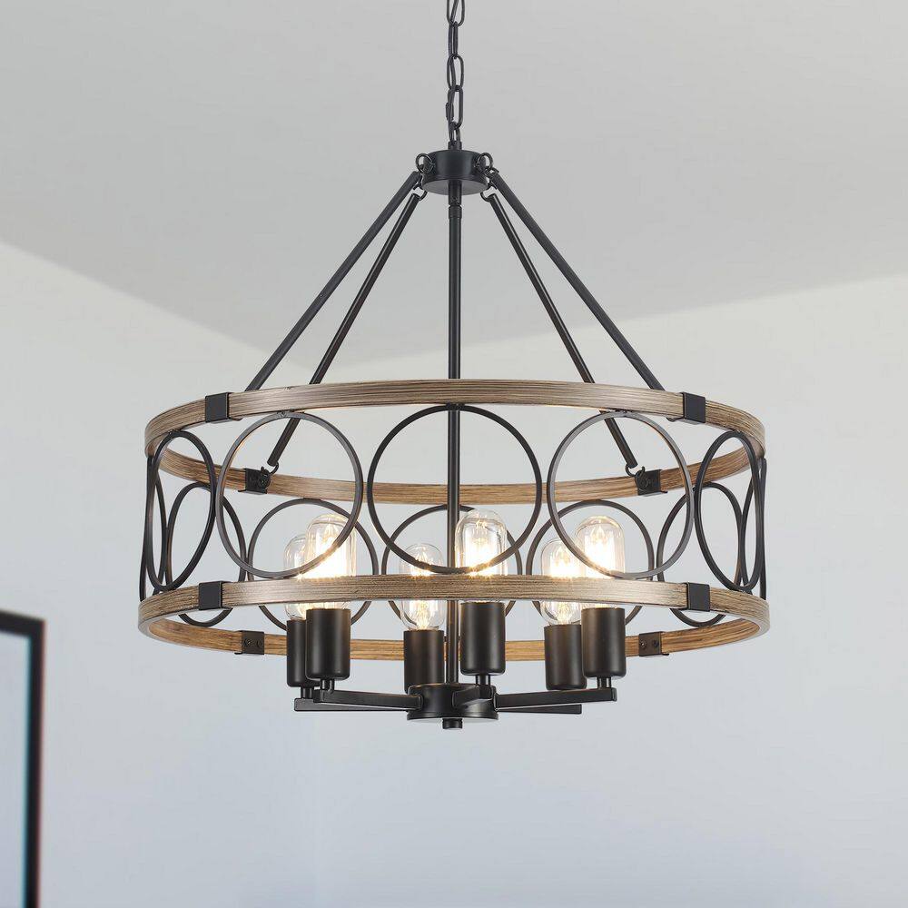 ZJVAIVE 6 Light Matte Black and Wood Grain Modern Farmhouse Lantern ...