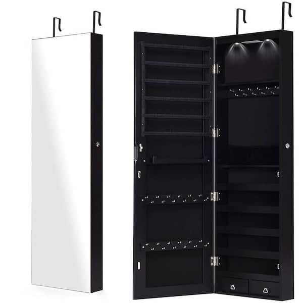 54.5 in. Rectangular Black MDF Freestanding Jewelry Armoire Boxes Storage Organizer with Mirror