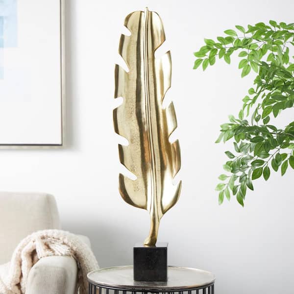 4 in. x 33 in. Gold Aluminum Feather Bird Sculpture with Black Marble Base