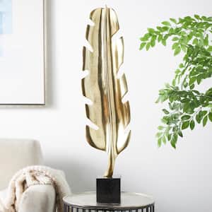 33 in. Gold Aluminum Feather Bird Sculpture with Black Marble Base