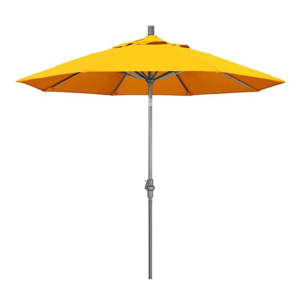 California Umbrella 9 ft. Hammertone Grey Aluminum Market Patio Umbrella with Collar Tilt Crank Lift in Sunflower Yellow Sunbrella