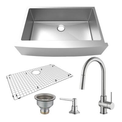 All-in-One Stainless Steel 35 in. Single Bowl Farmhouse Apron Kitchen Sink with Pull-down Faucet in Brushed Nickel Kit