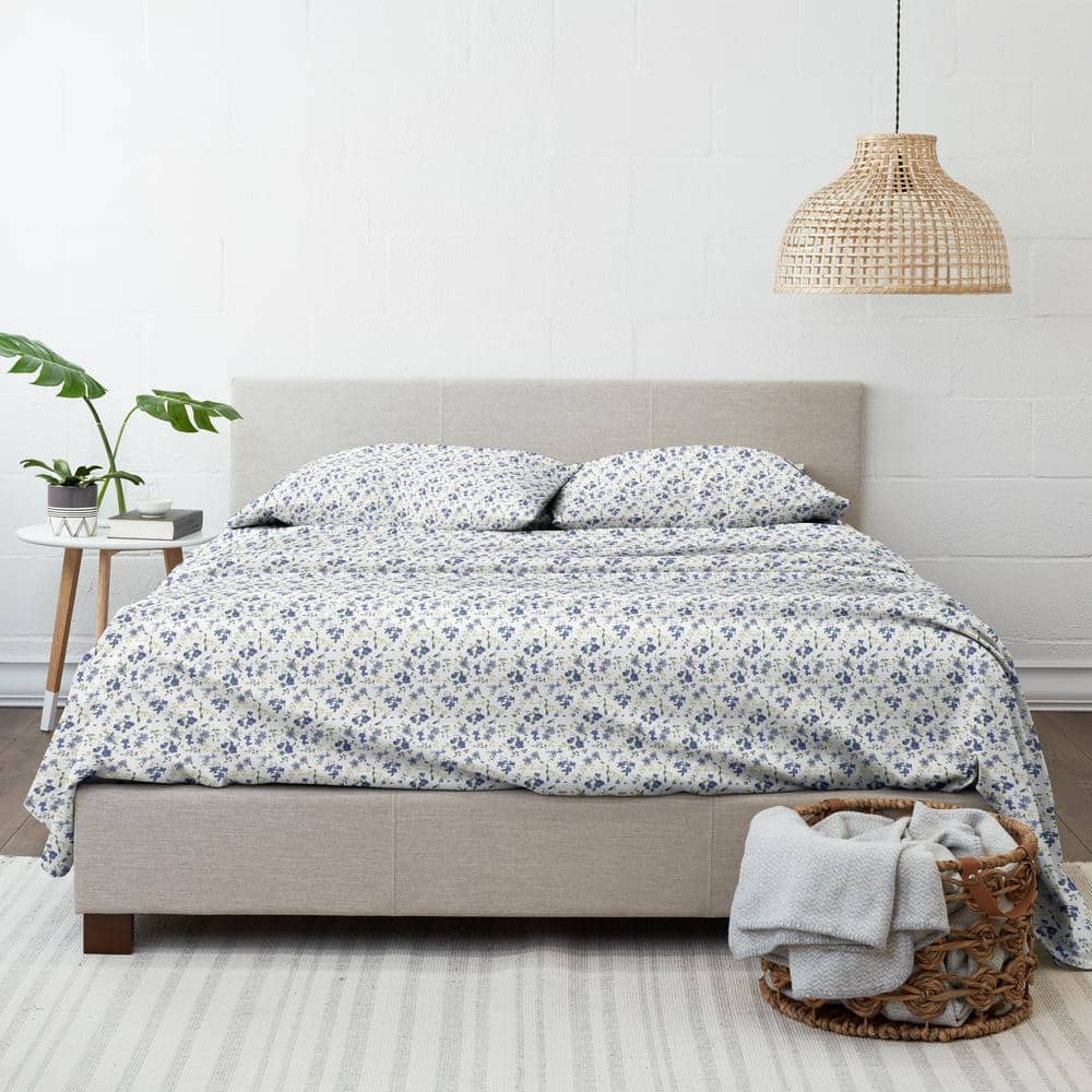 Light Blue Floral Queen Microfiber Bed Sheet Set