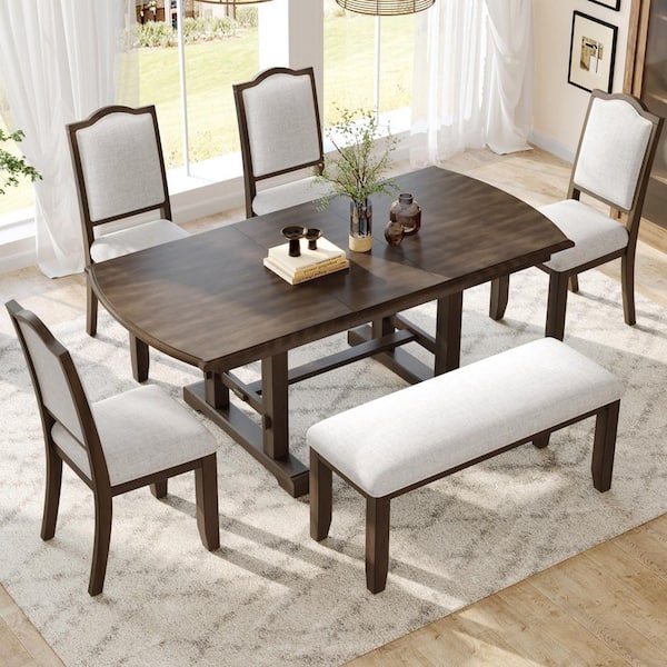 Brown Extendable Wood Dining Table with Removable Leaf, 4 Beige Linen Upholstered Chairs, 1 Bench