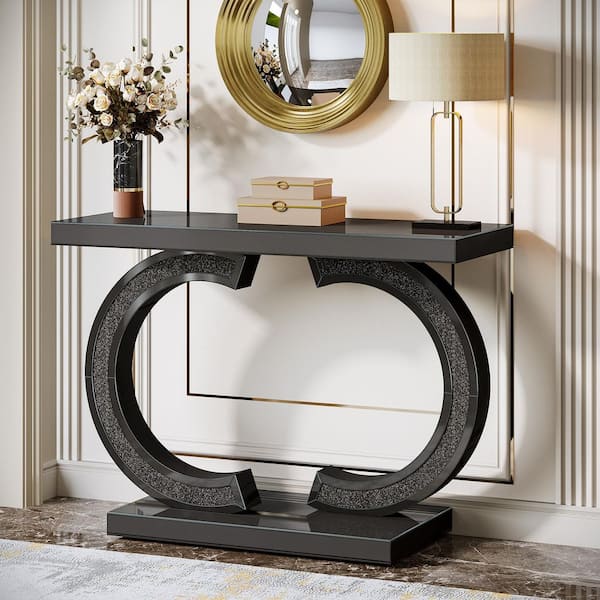 BYBLIGHT Turrella 39.37 in. Black Rectangle Mirrored Console Table with Sparkling Crystal Inlays, Hallway Table w/ Mirror Finish