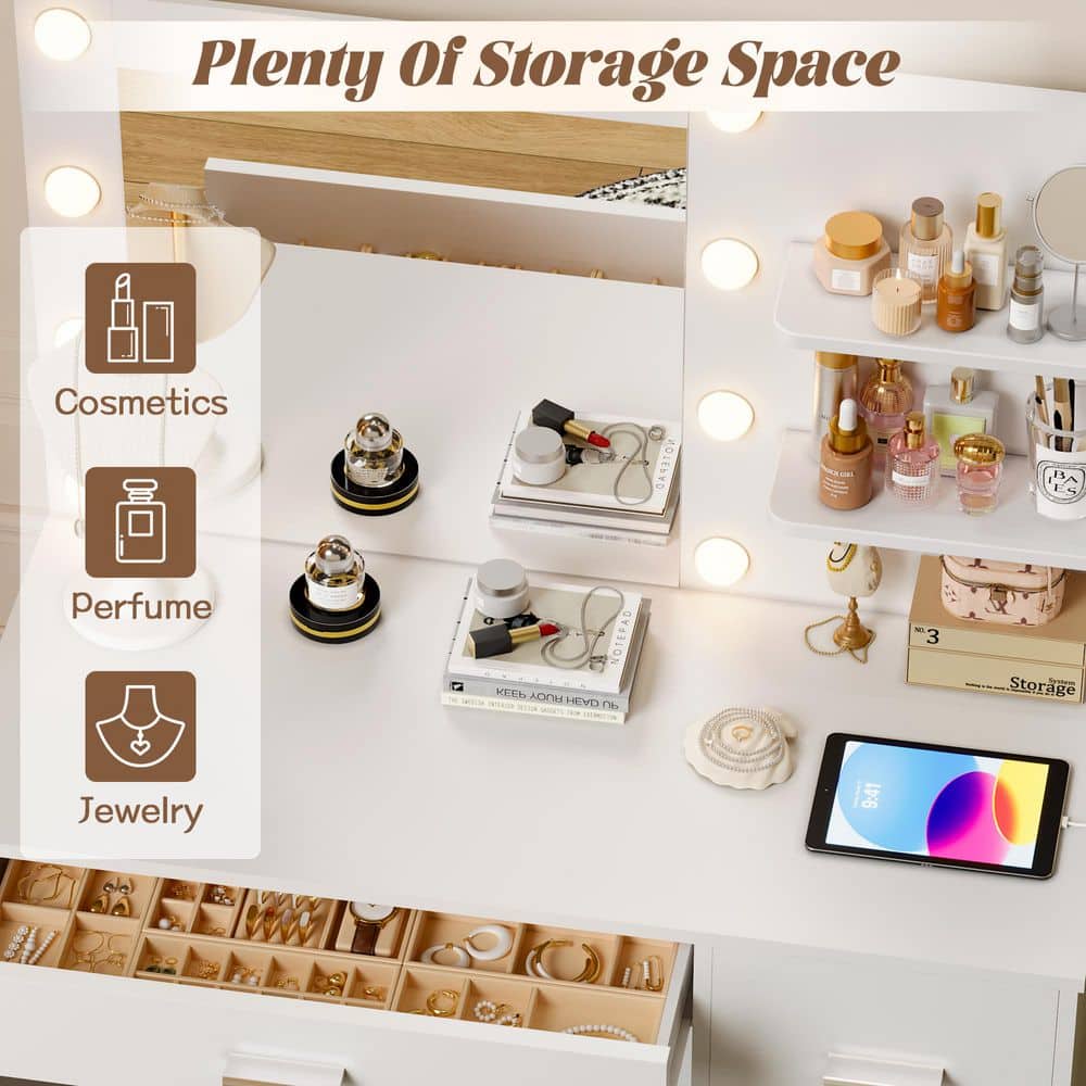 Vanity Desk with Lighted Mirror & Power Outlet, Makeup Vanity with Drawer & Cabinet White - thumbnail 6