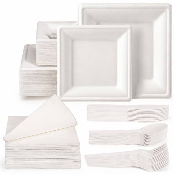 Compostable Sugarcane Paper Plates Set, 300 Pieces, 10 Inch Square with Napkins and Heavy Duty Utensils, White
