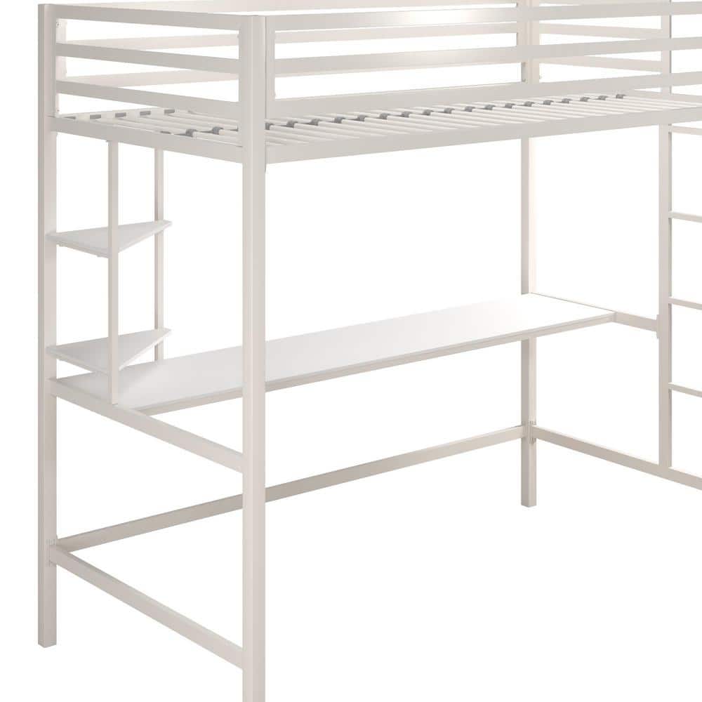 Off-White Twin Metal Loft Bed with Desk and Shelves