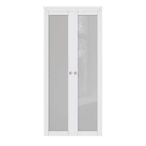 36 in. x 80 in. 1-Lite Tempered Frosted Glass Solid Core White Finished Pivot Bi-fold Door with Two Types of Hardware
