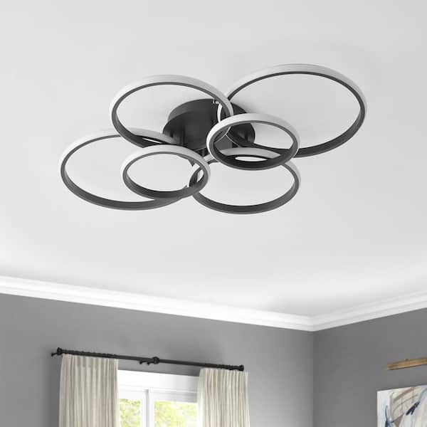aiwen 31.49 in. 6-Light Modern Black 40-Watt Integrated LED Flush Mount 6-Rings Circle Close to Ceiling Light