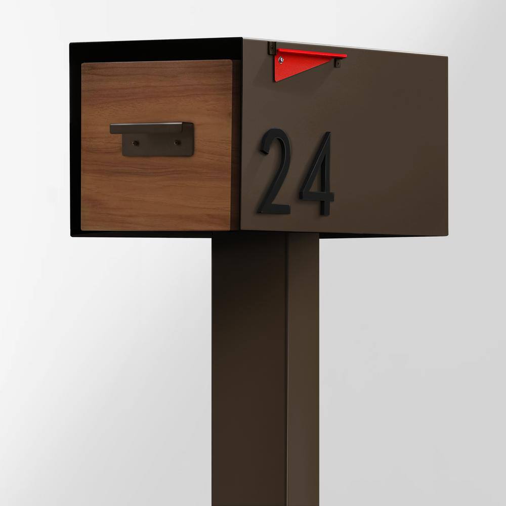 Malone Brown Steel Post-Mounted Mailbox with Wood-Styled Door