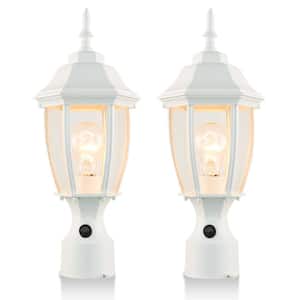 1-Light White Metal Lantern Hardwired Outdoor Rust Resistant Post Light with Glass Shade, E26, No Bulbs Included, 2 Pack