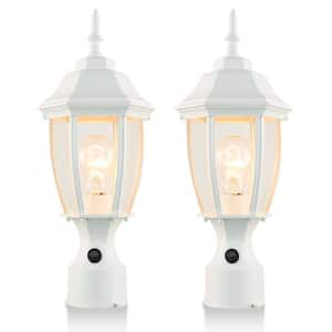 1-Light White Metal Lantern Hardwired Outdoor Rust Resistant Post Light with Glass Shade, E26 No Bulbs Included (2-Pack)