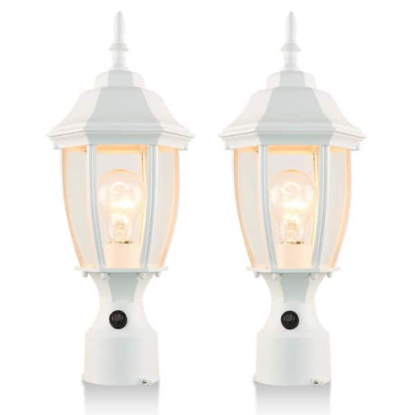 Sunpez 1-Light White Metal Lantern Hardwired Outdoor Rust Resistant Post Light with Glass Shade, E26 No Bulbs Included (2-Pack)