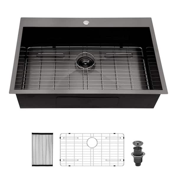 Qidian 30 in. Drop in Single Bowl 18-Gauge Gunmetal Black Stainless Steel Kitchen Sink with Bottom Grids