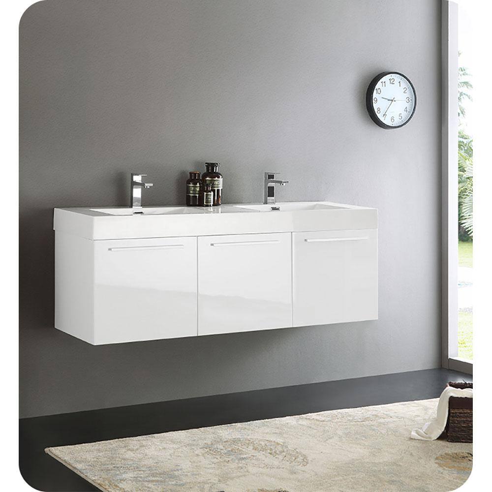 Vista 60'' Glossy White Wall Mounted Double Bathroom Vanity with Acrylic Top