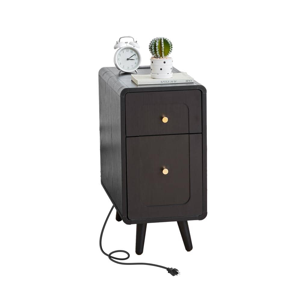 "11.81"" Mid-Century Nightstand with Charging Station, Black Finish MDF End Table with Drawer & Storage" price history on PriceWatchPro