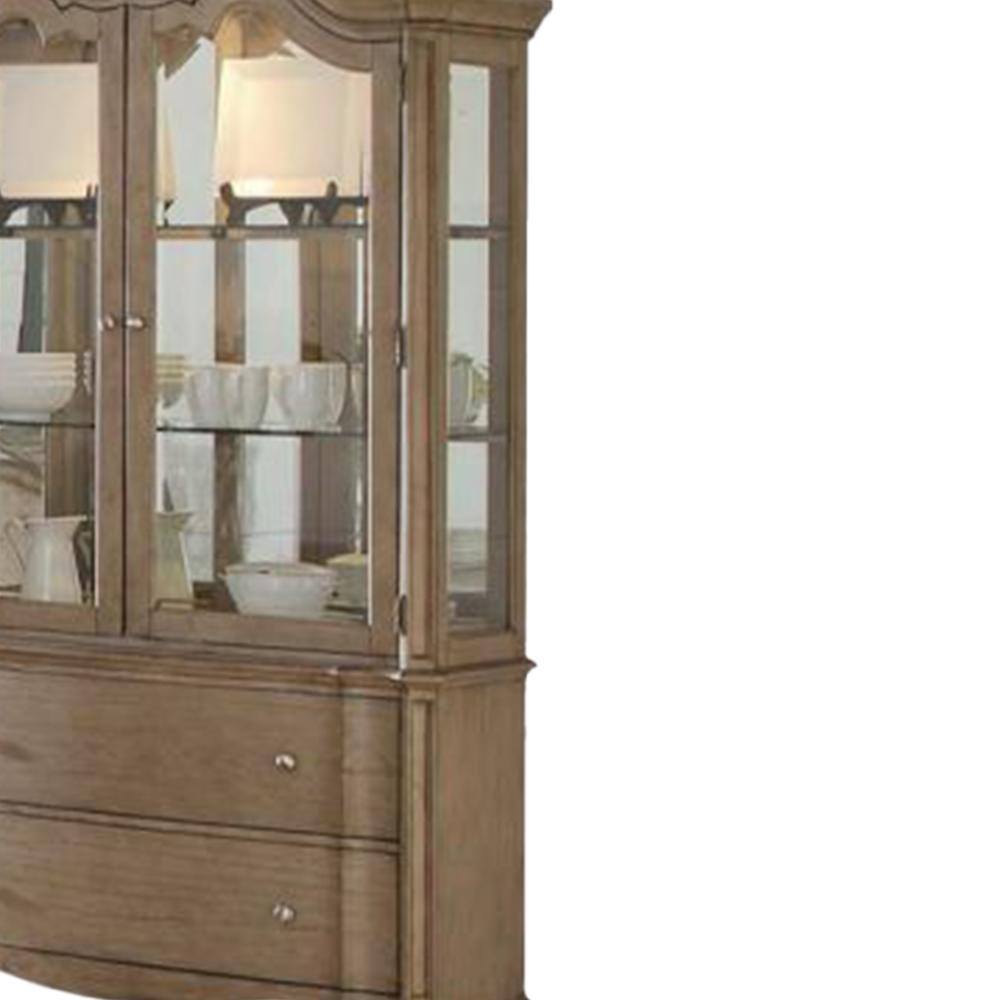 Antique Taupe Lighted China Cabinet with Glass Doors and Shelves