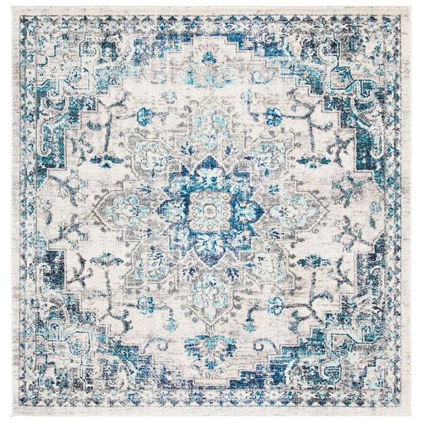 SAFAVIEH Madison Ivory/Grey 7 ft. x 7 ft. Border Geometric Floral Medallion Square Area Rug