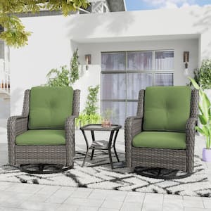 3-Piece Wicker Patio Conversation Set with Green Cushions All-Weather Swivel Rocking Chairs