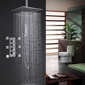 12 in. 6 -Jet Thermostatic Mixer Shower System Combo Set Shower Head and Handshower in Brushed