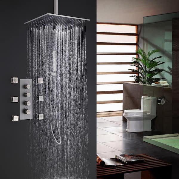 12 in. 6 -Jet Thermostatic Mixer Shower System Combo Set Shower Head and Handshower in Brushed