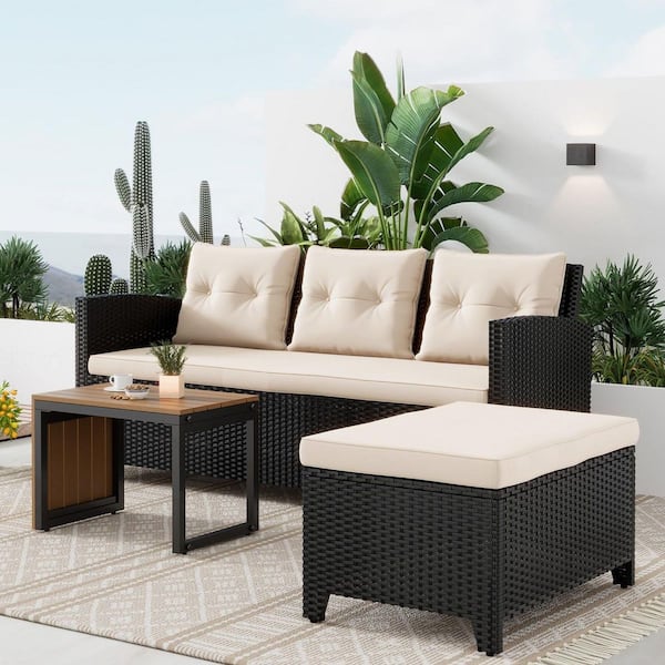 Unbranded 3-Piece Wicker Patio Conversation Sectional Seating Set with Beige Cushions