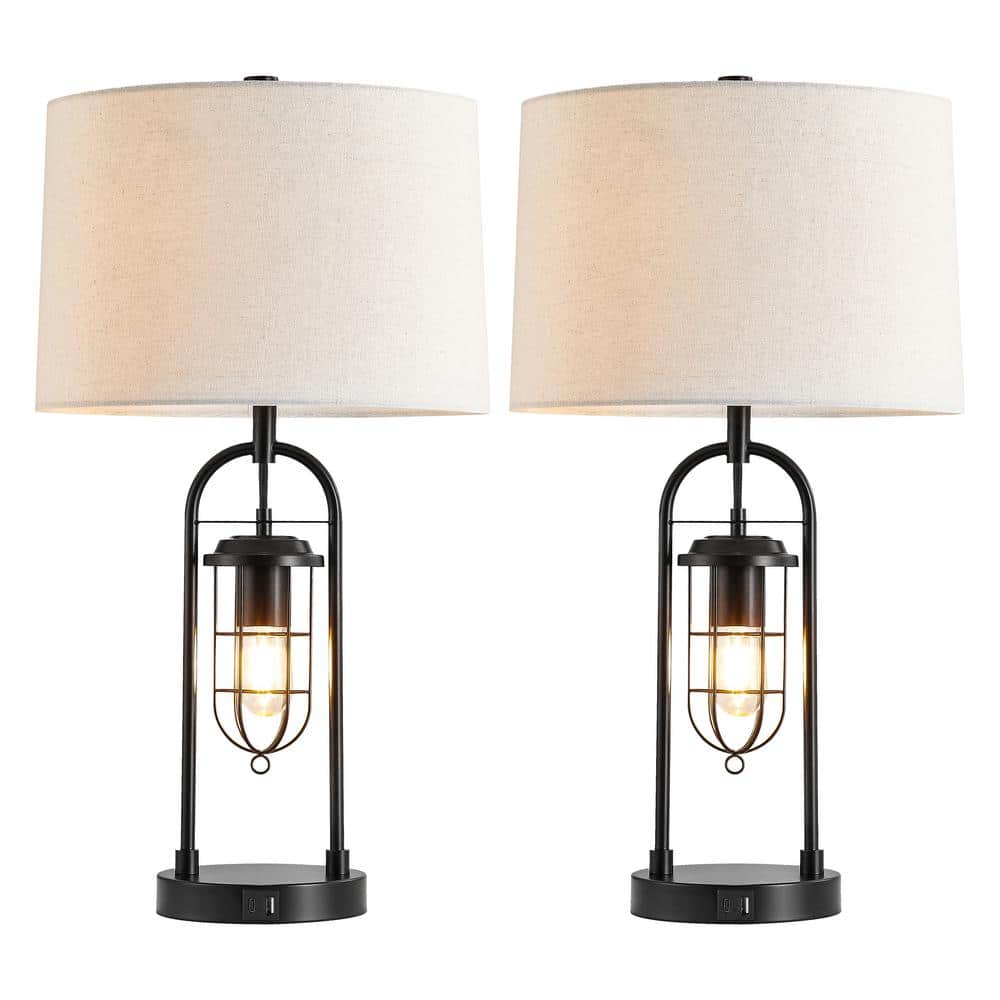 26" Bronze Industrial Table Lamps with USB Ports and Fabric Shades, Set of 2
