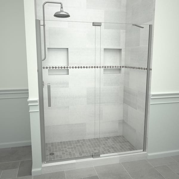 Tile Redi Redi Swing 5200 59 in. W x 76 in. H Semi-Frameless Pivot Shower Door in Brushed Nickel with Handle and Clear Glass