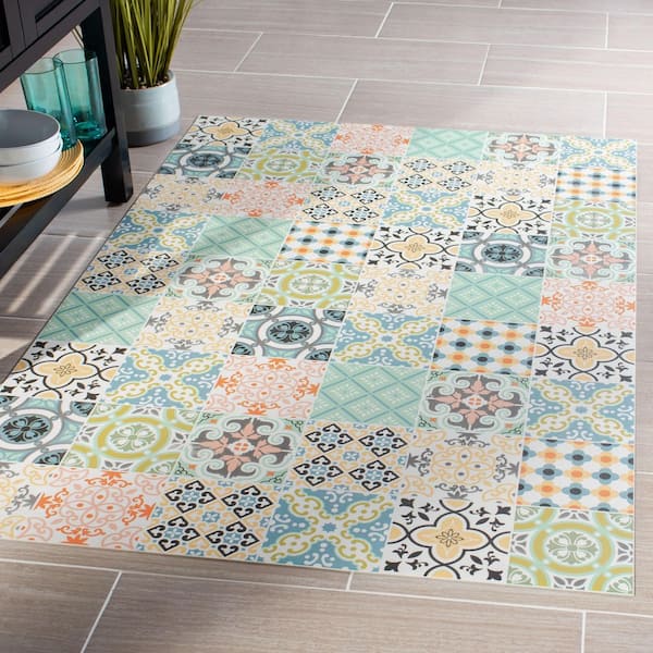 Vinyl Floor 7 ft. x 9 ft. Blue/Yellow Abstract Geometric Area Rug