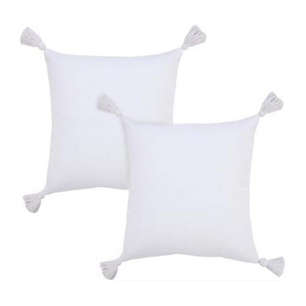 Sonia White Tasseled 100% Cotton 20 in. x 20 in. Indoor Throw Pillow (Set o