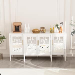 White Wooden MDF 62.9 in. Width Sideboard, Dresser, Accent Storage Cabinet with 4-Miirrored Doors and 6-Tier Shelves