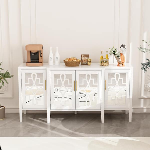 FUFU&GAGA White Wooden MDF 62.9 in. Width Sideboard, Dresser, Accent Storage Cabinet with 4-Miirrored Doors and 6-Tier Shelves